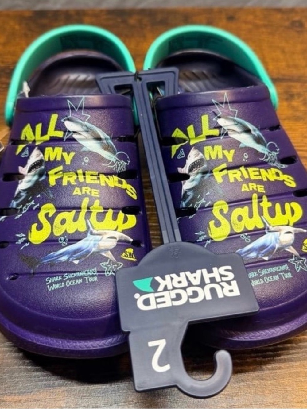 Rugged Shark Kids Purple Teal 'All My Friends Are Salty' Clog Sandals